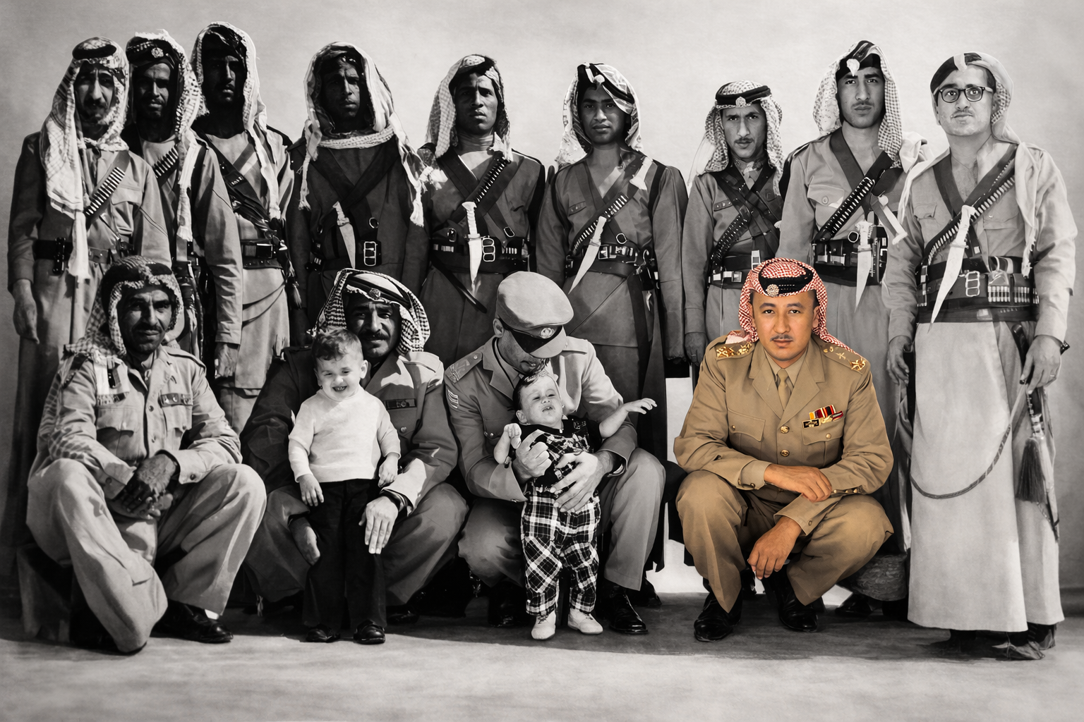 حسين محمود الغرايبه - الأول جلوسا من اليمين و الأطفال "جلالة الملك عبداللة" و "الأمير فيصل" في قصر بسمان